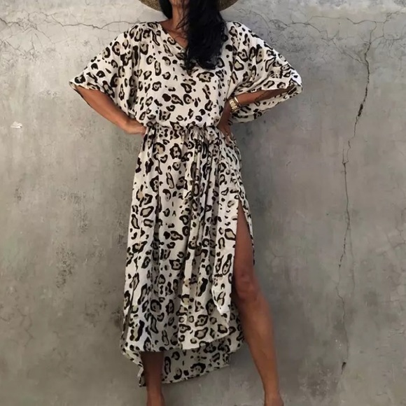 SOLD OUT New Leopard Animal Print Bohemian Kaftan Kimono Dress Coverup - Picture 2 of 8